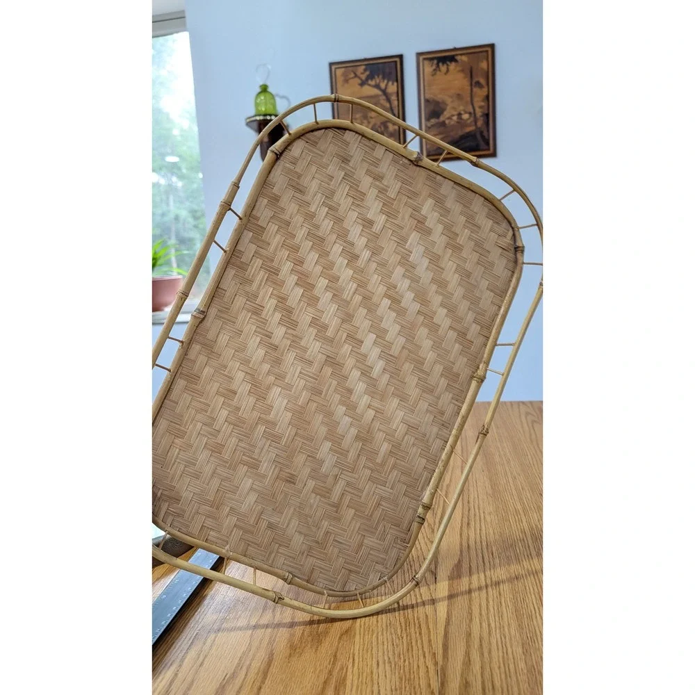Vintage Woven Bamboo Serving Tray Rectangular Boho Natural Wood pier 1 imports